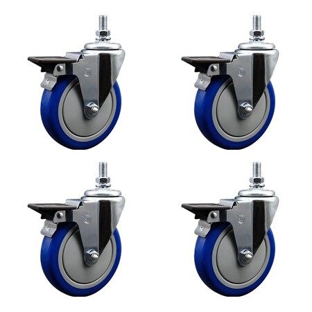 Service Caster 5 Inch Blue Polyurethane 12 Inch Threaded Stem Caster Set with Brake SCC-TS20S514-PPUB-BLUE-PLB-121315-4